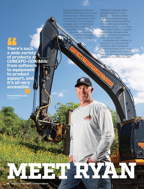 A spread of a story from the AEM safety brochure, featuring a man standing in front of an excavator.