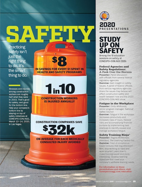 A spread of a story from the AEM safety brochure, featuring a construction cone.