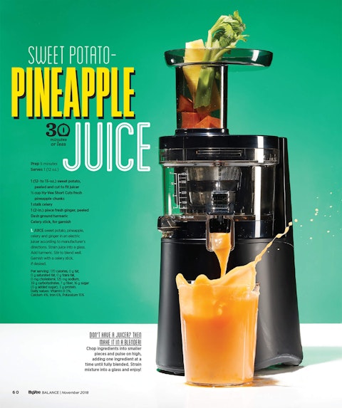 A spread of a pineapple juice story from Hy-Vee Balance magazine, featuring a juicer working to fill a glass with pineapple juice.