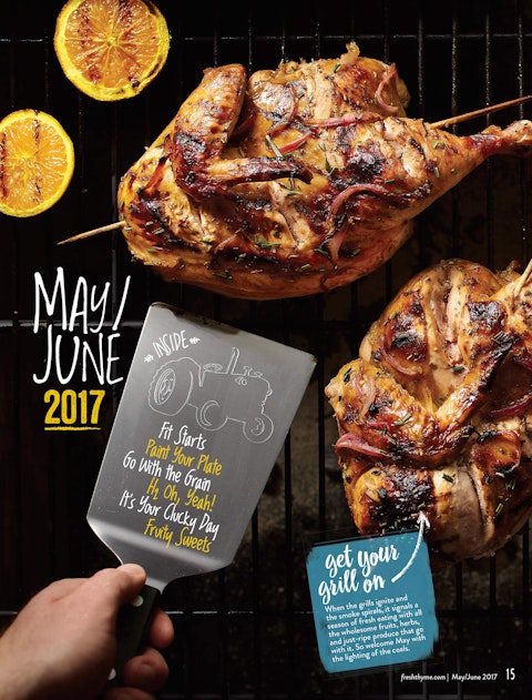 A spread of a chicken grilling story from Fresh Thyme Market's Crave magazine featuring whole chickens on a grill.
