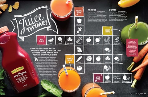 A spread of a fruit and vegetable juice story from Fresh Thyme Market's Crave magazine.