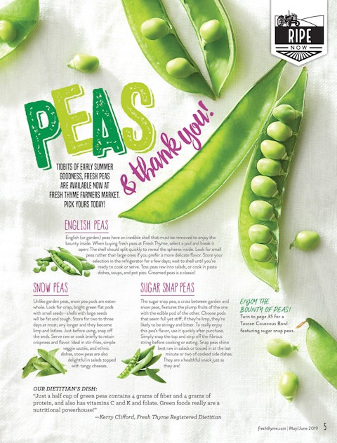 A spread of a story about peas from Fresh Thyme Market's Crave magazine.
