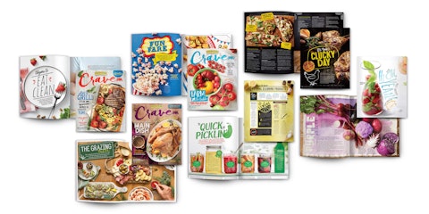 A series of covers and inside pages of Fresh Thyme Market's Crave magazine.