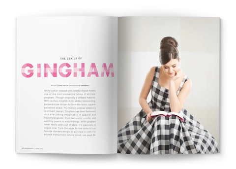 A spread of a story of gingham from Life:Beautiful magazine, featuring a woman sitting in a black and white gingham dress.