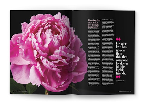 A spread of a story of faith from Life:Beautiful magazine, featuring a bright pink floral bloom.