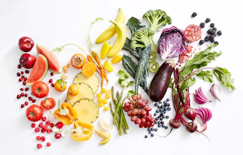 A rainbow of colorful fruits and vegetables.