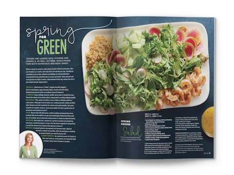 A spread of a spring greens story from Marsh Dish magazine, featuring a platter of various vegetables.