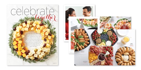 A spread of a holiday story from Marsh Dish magazine, featuring a wreath made of cheese cubes.