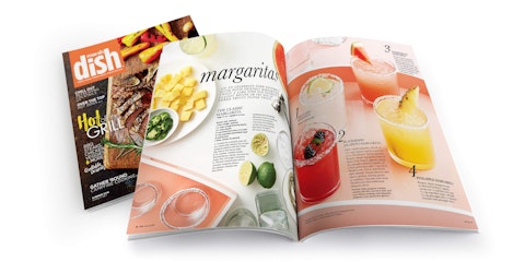 A spread of a margarita story from Marsh Dish magazine, featuring various colorful margarita recipes.