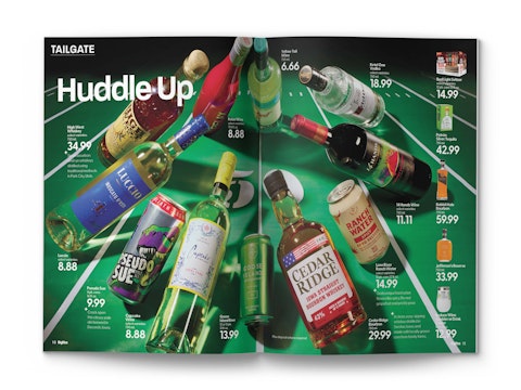 A spread of a tailgating drinks story from Hy-Vee Mega Ad magazine, featuring various bottles and cans huddling up on a football field.