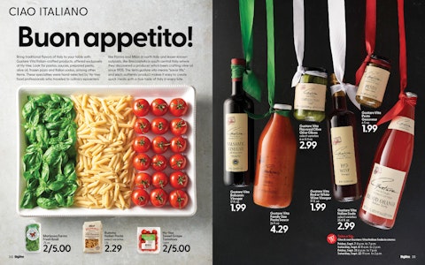 A spread of an Italian foods story from Hy-Vee Mega Ad magazine, featuring basil, pasta, and tomatoes representing the flag of Italy.