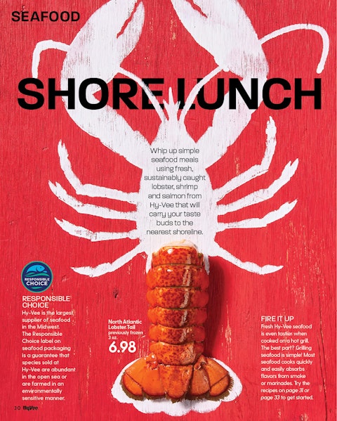 A spread of a seafood story from Hy-Vee Mega Ad magazine, featuring a lobster tail over the drawing of a lobster.