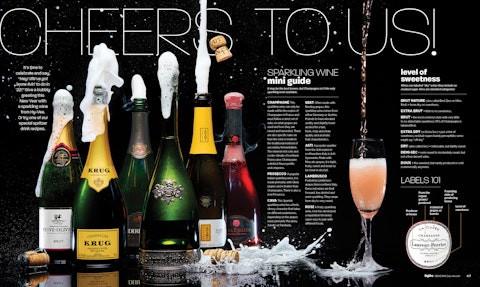A spread of a New Years Eve story from Hy-Vee Seasons magazine, featuring a series of champagne bottles popping their corks.