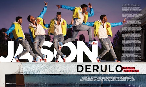A spread of a Jason Derulo story from Hy-Vee Seasons magazine, featuring Jason Derulo dancing across the pages.