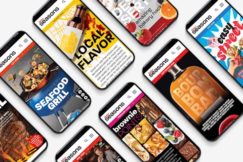 A series of mobile phones displaying the content of the Hy-Vee Seasons magazine digital experience.