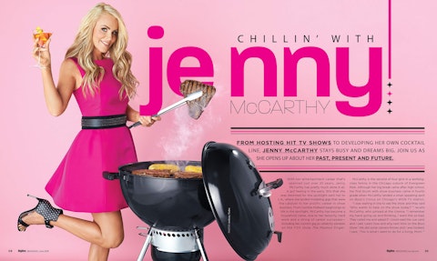 A spread of a Jenny McCarthy story from Hy-Vee Seasons magazine, featuring Jenny standing at a grill.