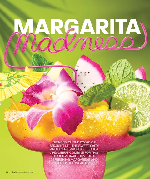 A page of a margarita story from Hy-Vee Seasons magazine, featuring a very colorful and fruity margarita.