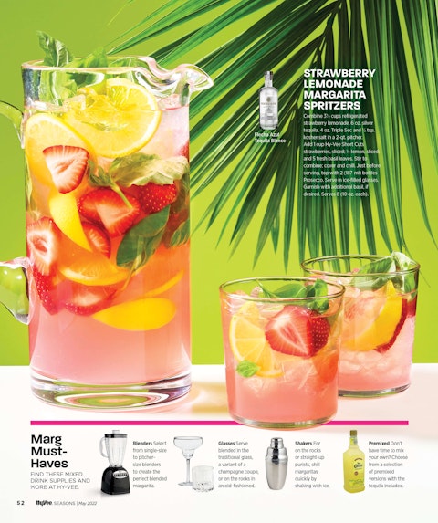 A page of a margarita story from Hy-Vee Seasons magazine, featuring a pitcher and two glasses of a fruity margarita.