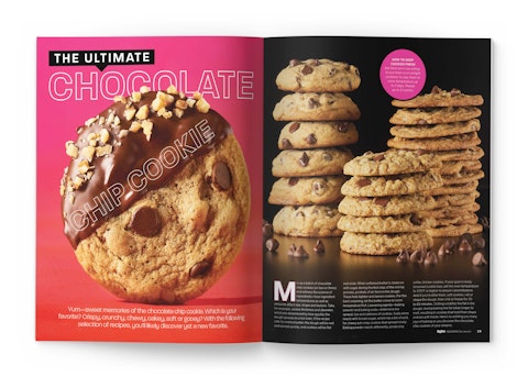 A spread of a chocolate cookie story from Hy-Vee Seasons magazine, featuring a stack of chocolate chip cookies.