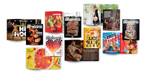 A series of Hy-Vee Seasons magazine spreads and covers.
