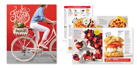 A spread of a summer produce story from Hy-Vee Seasons magazine, featuring various colorful fruit recipes.